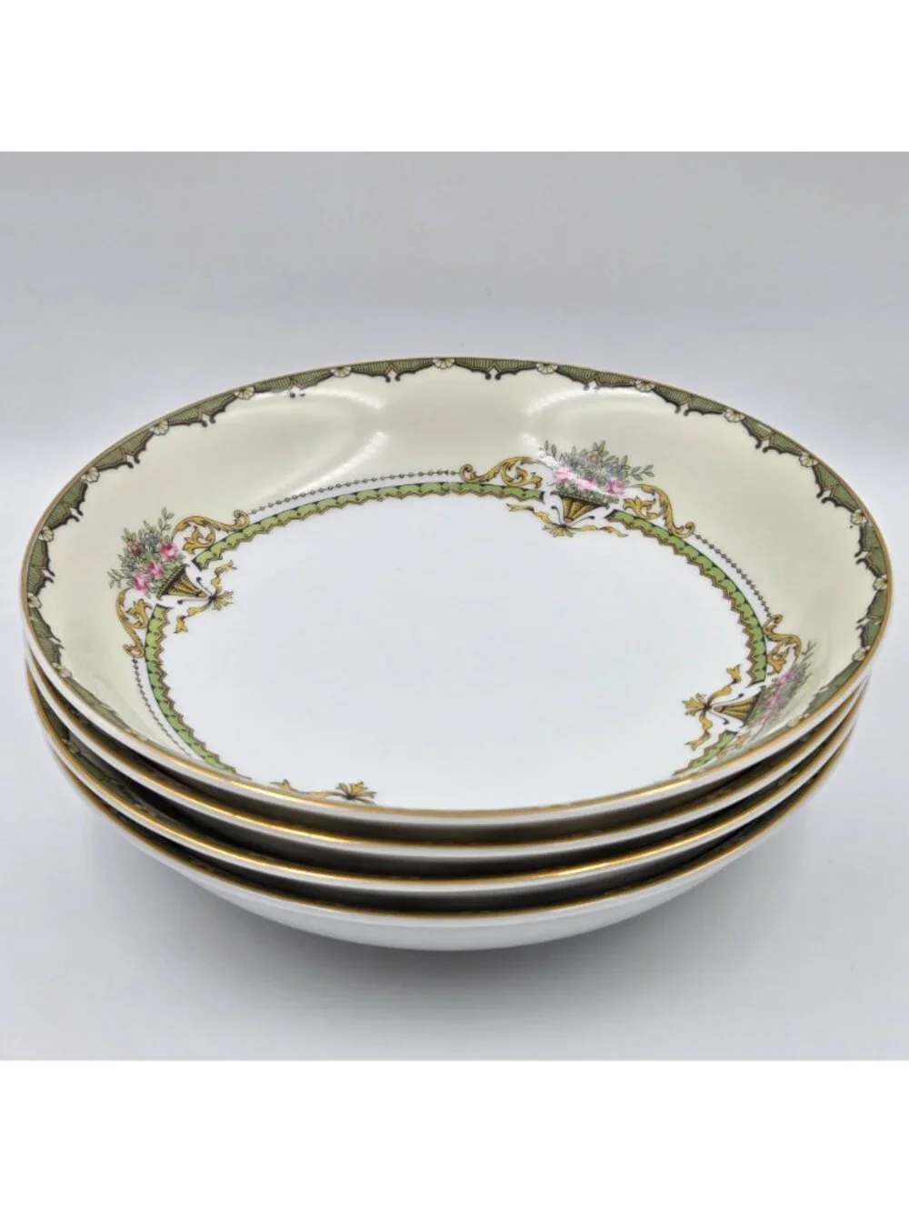 Noritake Penelope Set of 4 Coupe Soup Bowl Green Border Pink Roses Urn Gold Trim